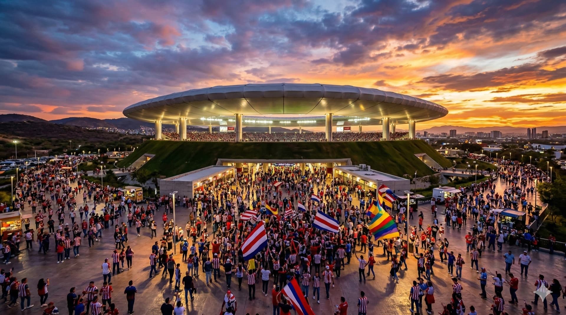 Cinematic sunset view of Estadio Akron in Guadalajara for FIFA 2026 World Cup