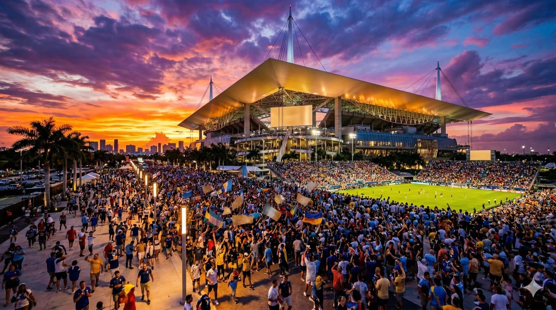 Cinematic sunset view of Hard Rock Stadium in Miami Gardens, FL for FIFA 2026 World Cup